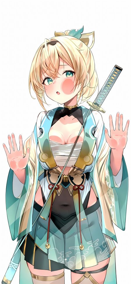 金发青衣少女贴玻璃背刀惊讶动漫手机壁纸