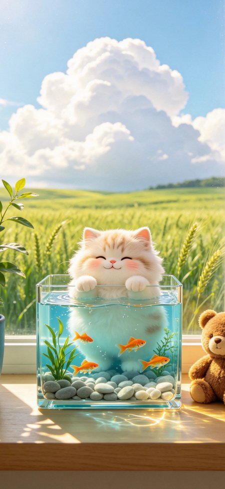 萌猫鱼缸金鱼窗边阳光可爱动物手机壁纸