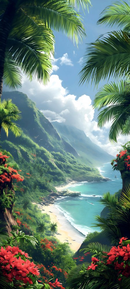 热带椰影红花碧海蓝天治愈风景手机壁纸