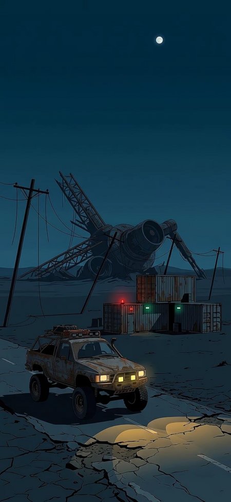 废土越野车满月废墟插画手机壁纸