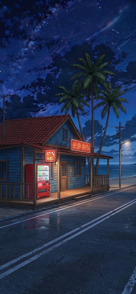 海边小屋星空贩卖机夜景动漫手机壁纸