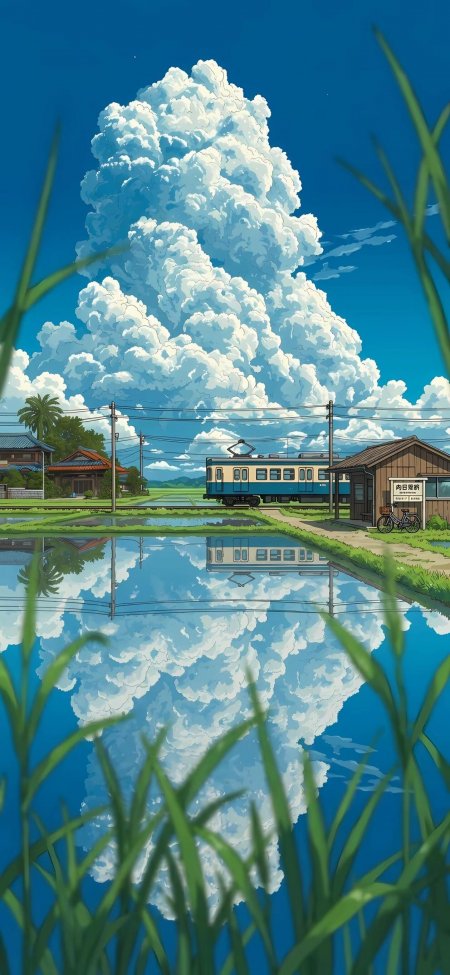 夏日电车稻田积雨云倒影动漫手机壁纸