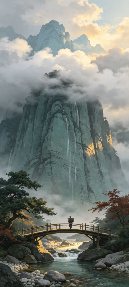 高山云雾木桥流水国风风景手机壁纸