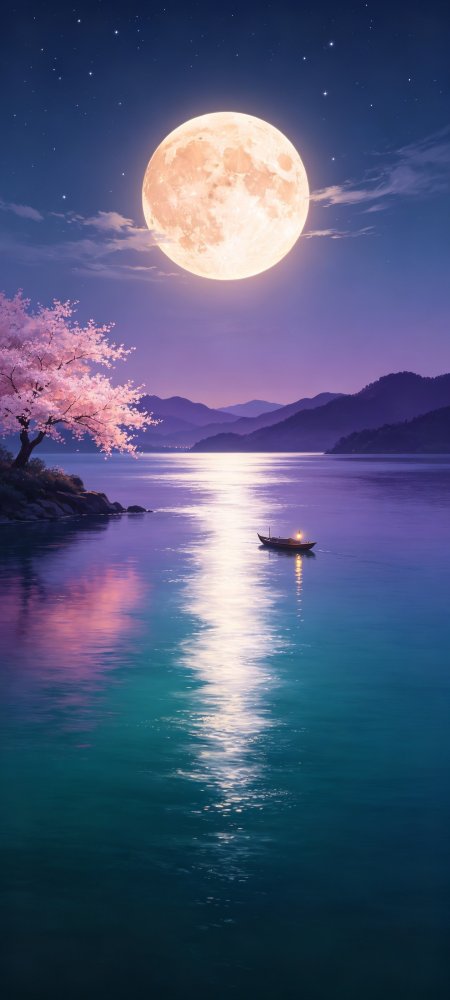 满月樱花湖面孤舟倒影风景手机壁纸