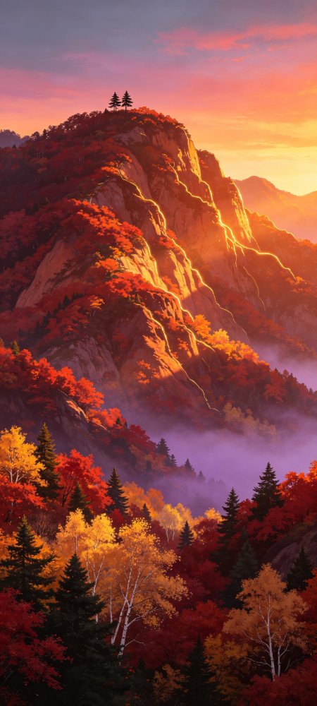 金秋红叶山脉日落云雾风景手机壁纸