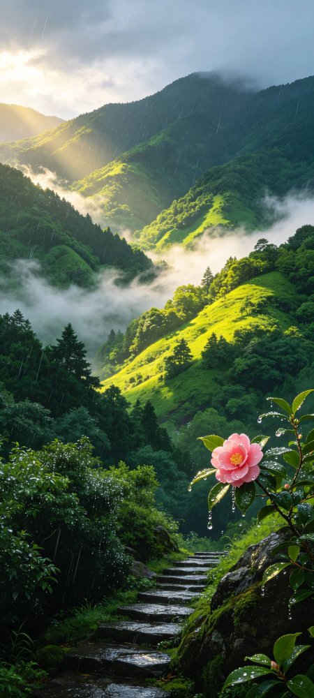 雨后粉花石阶云雾山峦风景手机壁纸