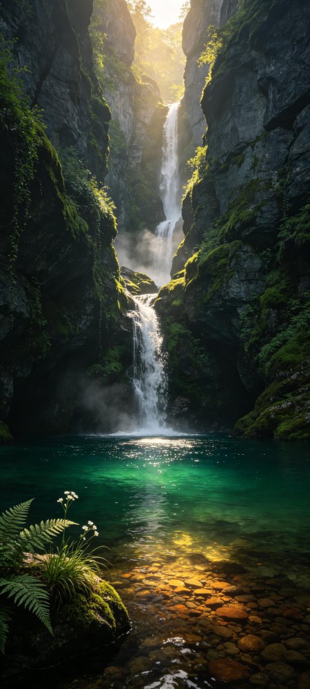 阳光峡谷瀑布碧绿深潭风景手机壁纸