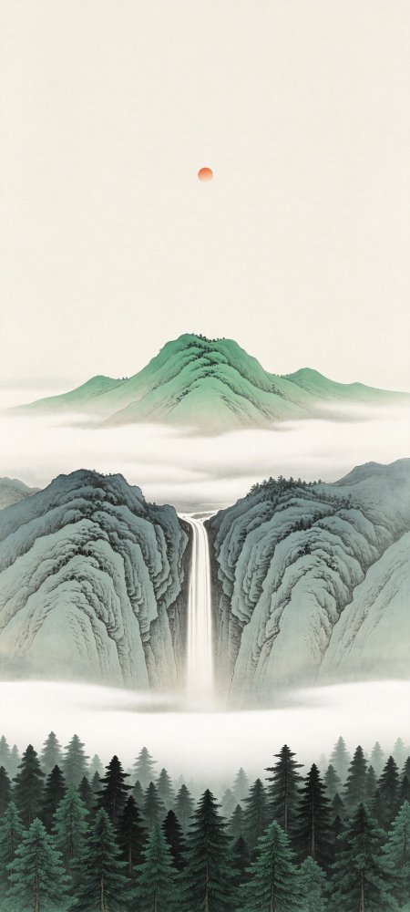 云雾山水瀑布红日仙境意境风景手机壁纸