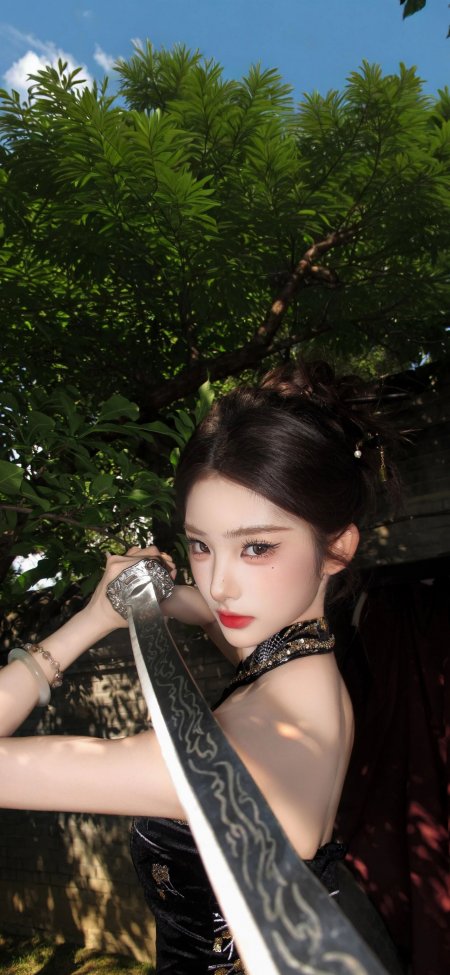 手持武士刀盘发冷艳美女手机壁纸