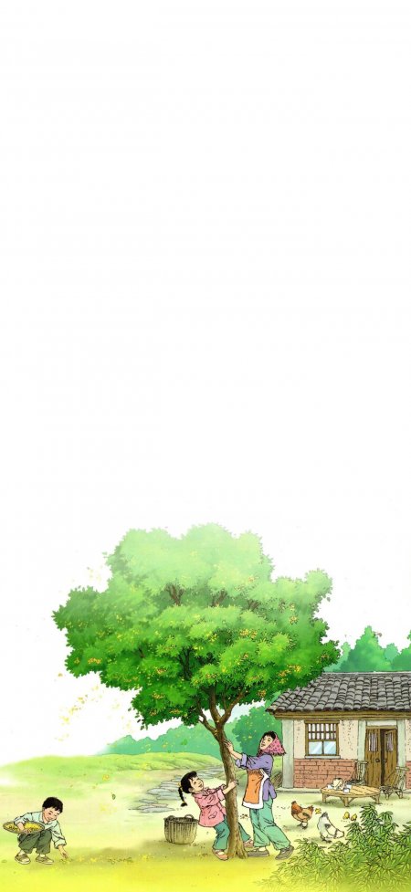 乡村母子摇树拾花温馨治愈情感文艺手机壁纸