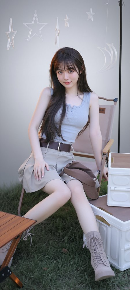 户外露营椅甜美笑容美女手机壁纸