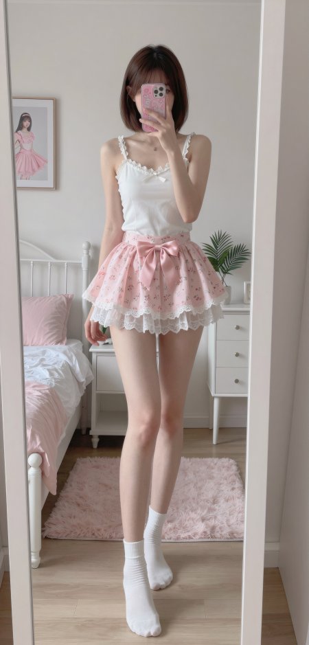 粉白碎花裙居家甜美穿搭美女手机壁纸