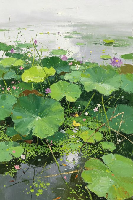 绿荷塘紫花小黄鸭油画手绘手机壁纸
