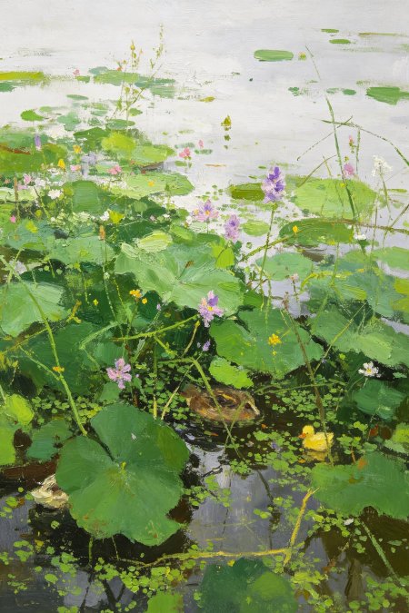 荷塘野花棕鸭游水油画手绘手机壁纸
