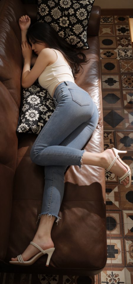沙发侧卧白吊带牛仔裤美女手机壁纸