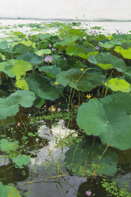 荷塘绿叶油画粉荷清新风景手机壁纸