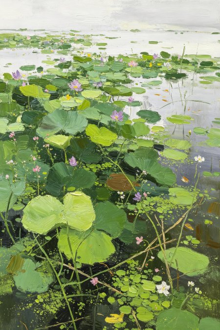 夏日荷塘紫粉睡莲油画手绘手机壁纸