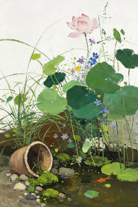 粉荷金鱼陶罐苔藓池塘绘画手机壁纸
