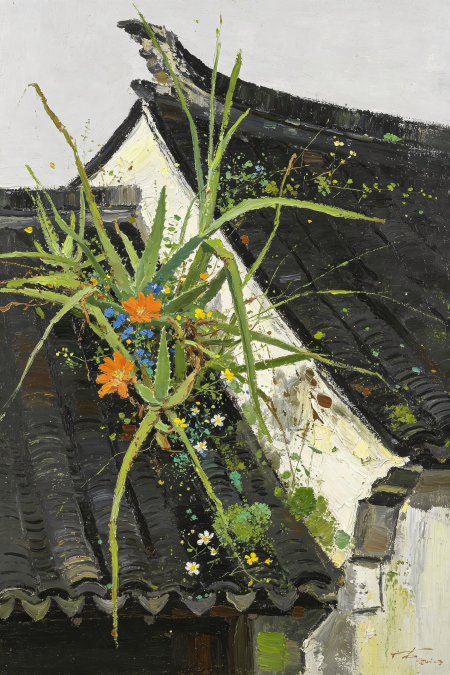 油画中式屋檐绿植野花手绘手机壁纸