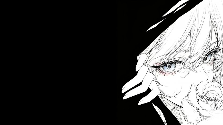 黑白极简持玫瑰少女二次元动漫电脑壁纸