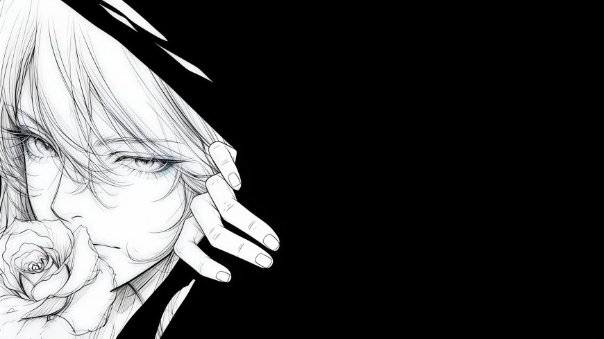 黑白线稿玫瑰气质少女二次元动漫电脑壁纸