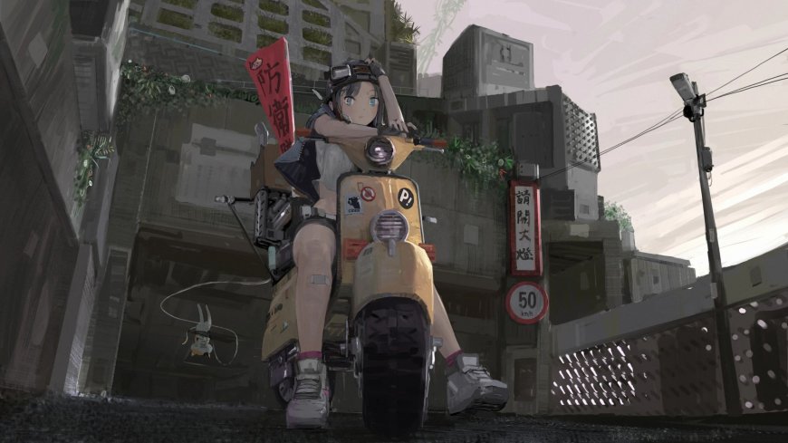 废墟都市黄摩托头盔少女二次元动漫电脑壁纸