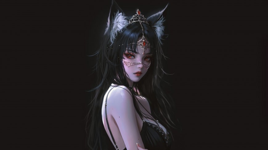 喵耳女侧身黑色背景手绘插画动漫电脑壁纸