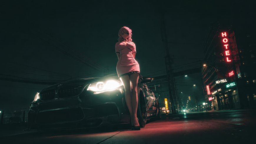 动漫少女宝马汽车夜景街头二次元动漫电脑壁纸