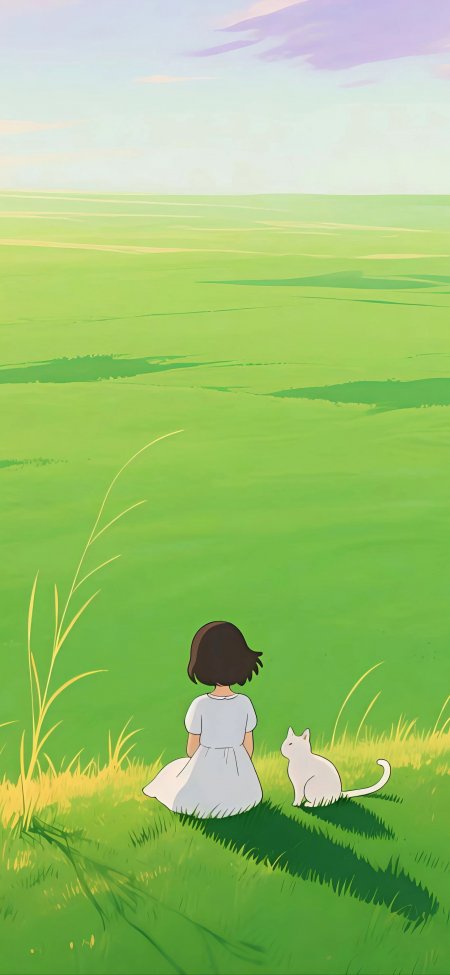 绿野白裙少女白猫背影动漫手机壁纸