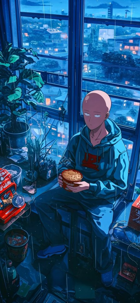 一拳超人埼玉雨夜窗边吃面动漫手机壁纸
