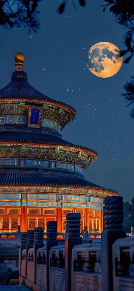 北京天坛祈年殿满月星空夜景风景手机壁纸
