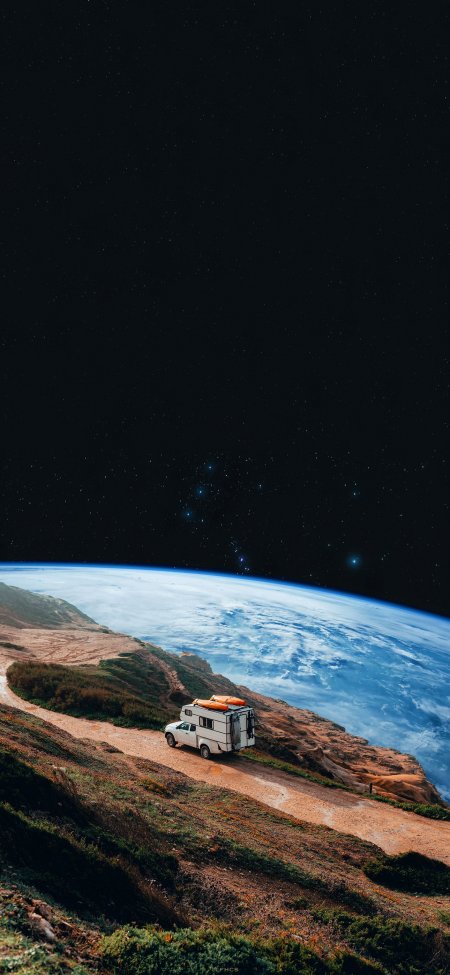 悬崖房车俯瞰地球星空创意手机壁纸