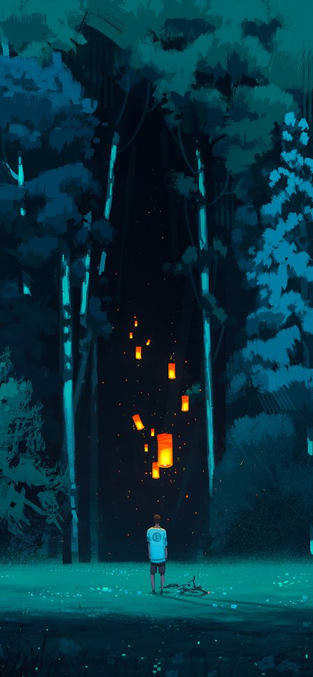 少年森林放飞孔明灯夜景动漫手机壁纸