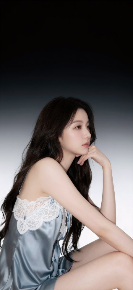 蓝色吊带裙侧颜托腮美女手机壁纸