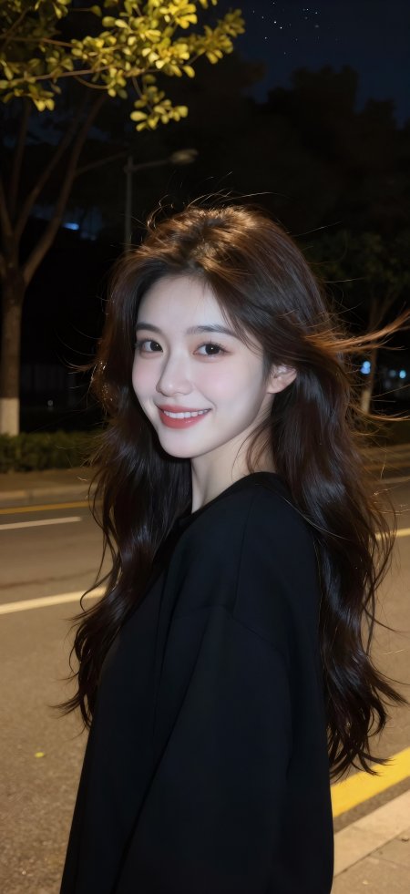 夜景街拍黑衣微笑长发美女手机壁纸