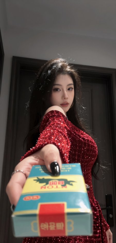 红亮片裙手递烟盒酷飒美女手机壁纸