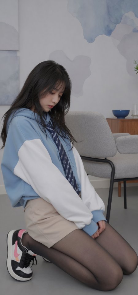 蓝白卫衣黑丝跪姿清新美女手机壁纸