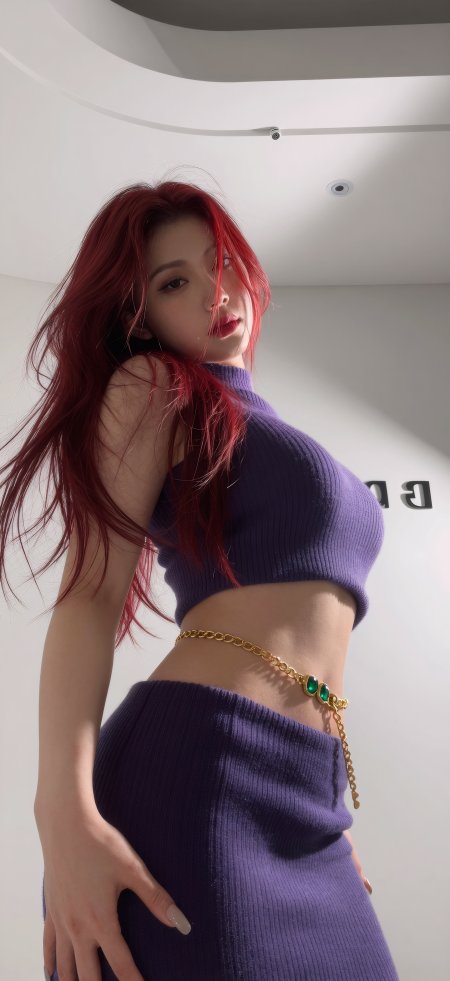 红发紫针织金腰链高冷美女手机壁纸