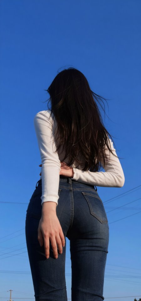 海边白衬衫牛仔裤背影美女手机壁纸