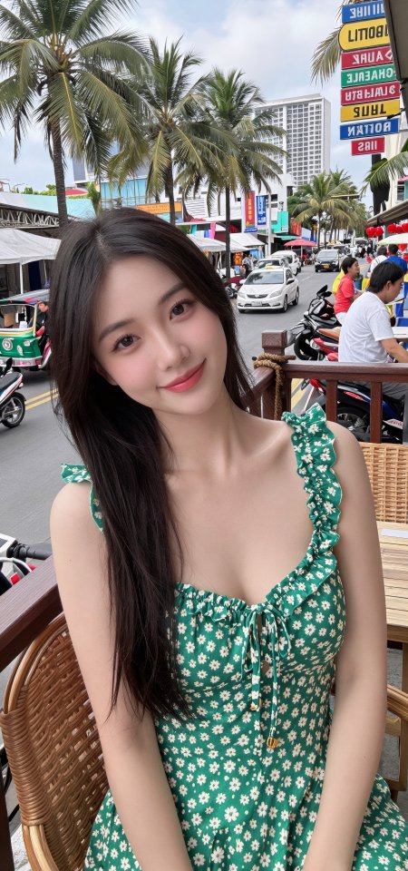 绿碎花裙热带街景微笑美女手机壁纸