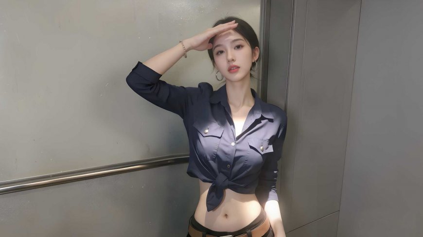 电梯敬礼露腰衬衫时尚摄影美女电脑壁纸