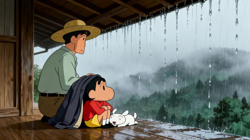 蜡笔小新广志廊下观雨山景治愈二次元动漫电脑壁纸