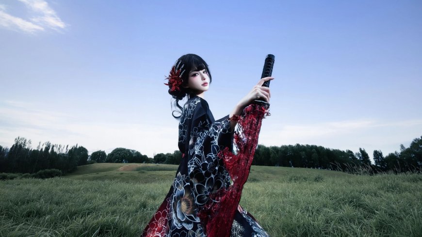 和服美女持武士刀草原回眸人像摄影美女电脑壁纸