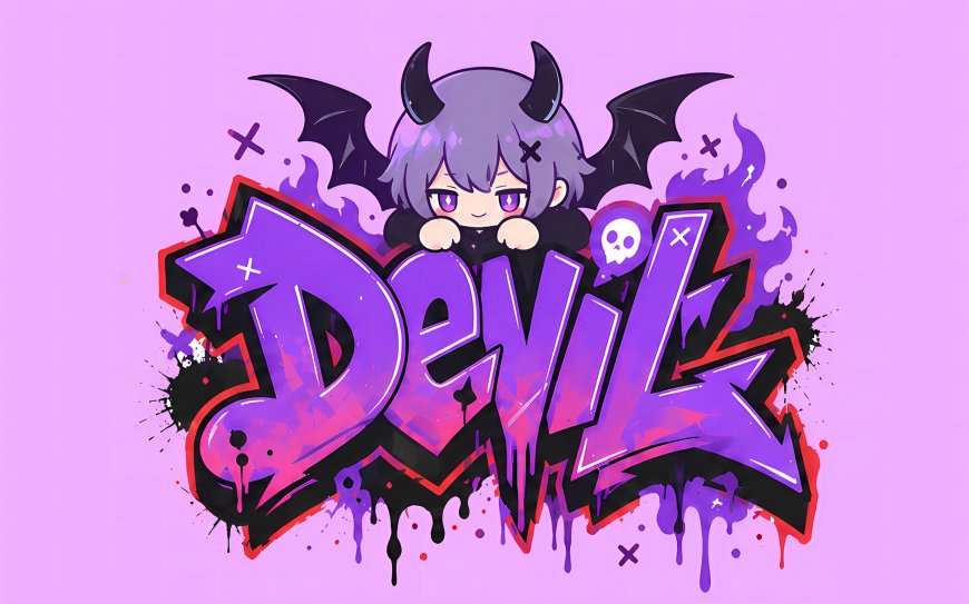 可爱紫发恶魔少女角翼涂鸦风格二次元动漫电脑壁纸