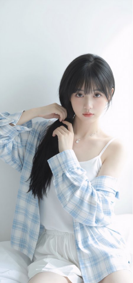 蓝白格衬衫挽发清纯人像美女手机壁纸