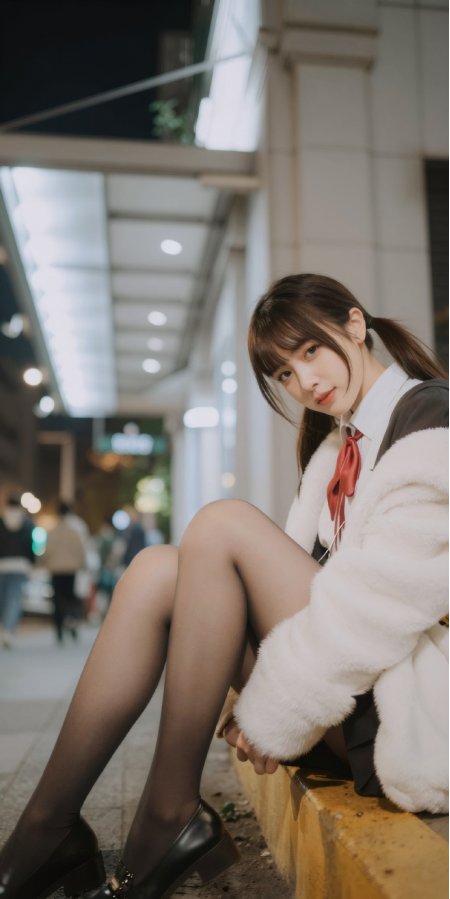 夜景街拍白色毛绒外套美女手机壁纸