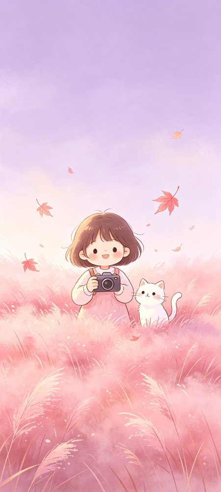 粉草少女白猫枫叶治愈动漫手机壁纸