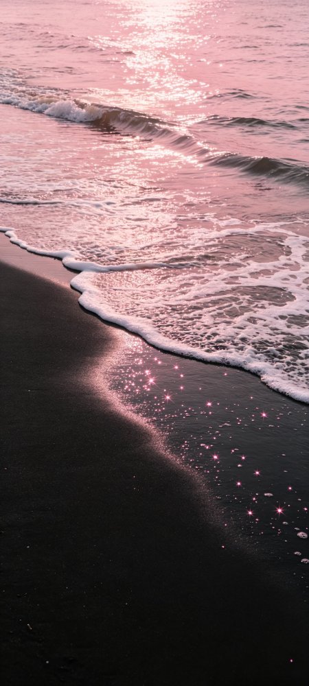 粉浪黑沙滩星光闪烁风景手机壁纸