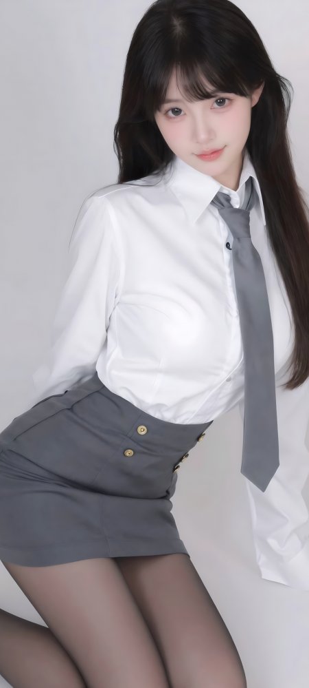 白衬衫灰裙职场制服美女手机壁纸