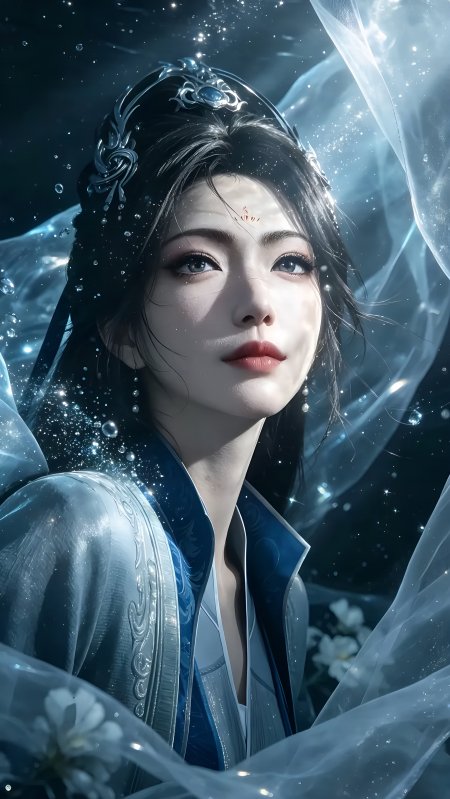 古风冠饰蓝纱星光仙女美女手机壁纸